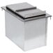 A stainless steel rectangular metal box with a lid and two compartments inside.