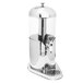 A silver stainless steel juice dispenser with a clear central chamber and lid.