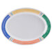 A white oval platter with colorful diamond Barcelona stripes.