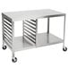 A Lakeside stainless steel work table with wheels, sheet pan storage, and a lower shelf.
