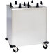 A Lakeside stainless steel enclosed two stack non-heated plate dispenser with black wheels.
