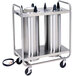 A Lakeside stainless steel cart with two stainless steel plate dispensers.