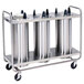 A Lakeside stainless steel three stack plate dispenser cart with three silver cylinders.