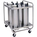 A Lakeside stainless steel plate dispenser cart with four silver cylinders on it.