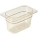 A clear Cambro plastic food pan with a lid.