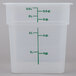 A Cambro translucent square plastic food storage container with measurements on it.