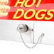 An Avantco Pipe Plug for a hot dog sign with a chain and lock.