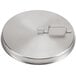 A stainless steel Vollrath lid with a metal handle.