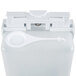 A white plastic San Jamar Rely Hybrid soap, sanitizer, and lotion dispenser container with a white lid and spoon.