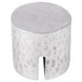 An American Metalcraft aluminum round hammered table card holder with a metal cylinder and a hole in it.