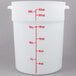 A white Cambro round plastic food storage container with measurements on the side.