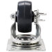 A metal swivel plate caster with a black rubber wheel.