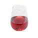 A Stolzle stemless wine glass filled with red wine.