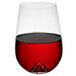 A Stolzle stemless wine glass filled with red liquid.