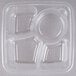 A clear plastic Fabri-Kal container with three compartments.