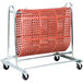A metal rack with a red plastic mesh on it.