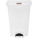 A white Rubbermaid Slim Jim step-on rectangular trash can with a white lid.