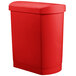 A red Rubbermaid plastic trash can with a lid.