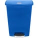 A blue Rubbermaid Slim Jim plastic trash can with a lid.