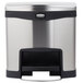 A Rubbermaid stainless steel rectangular front step-on trash can with black accents and a lid.