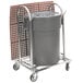 A grey utility cart with a mesh basket on wheels.