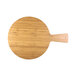 An Elite Global Solutions round bamboo melamine serving board with a handle.