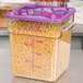 A purple Cambro polyethylene food storage container lid on a plastic container on a counter.