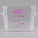 A clear plastic Cambro CamSquares food storage container with pink writing.
