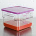 A clear Cambro CamSquares food storage container with a purple lid.