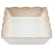 A white rectangular melamine tray with a scalloped brown border.