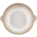 A white melamine bowl with a brown crackle-finished rim and side handles.