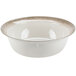 A white melamine bowl with a brown crackle-finished border.