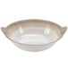 A white melamine bowl with a brown crackle-finished rim and side handles.