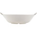 A white melamine bowl with a crackle-finished border and side handles.