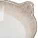 A white melamine bowl with a brown crackle-finished border and side handles.