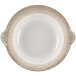 A white melamine bowl with a crackle-finished brown rim and side handles.