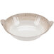 A white melamine bowl with a crackle-finished brown rim and side handles.