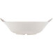 A white melamine bowl with a crackle-finished border and two side handles.