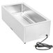 A stainless steel rectangular countertop food warmer with a black cord.