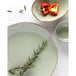 A Tuxton Artisan Sagebrush china plate with a sprig of rosemary and a red bell pepper half on it.