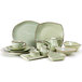 A set of Tuxton TuxTrendz Artisan Sagebrush china plates with gold accents on a white background.