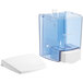 A white plastic Lavex soap, sanitizer, and lotion dispenser with a clear plastic container and a white base.