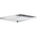 A white rectangular stainless steel undershelf for a table with metal corners.