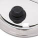 A silver Avantco lid with a black knob and rubber circle.
