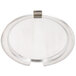A clear round lid with a metal clip for an Avantco soup kettle.