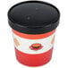 A red and white Choice paper soup container with a black vented lid.