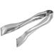 A pair of silver tongs with a white background.