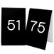 Two black Cal-Mil table tents with white numbers 51 to 75 on a white background.