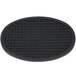 An oval black silicone trivet with a grid pattern.