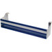 A blue and silver stainless steel speed rail shelf with three tiers hanging on a long metal bar.